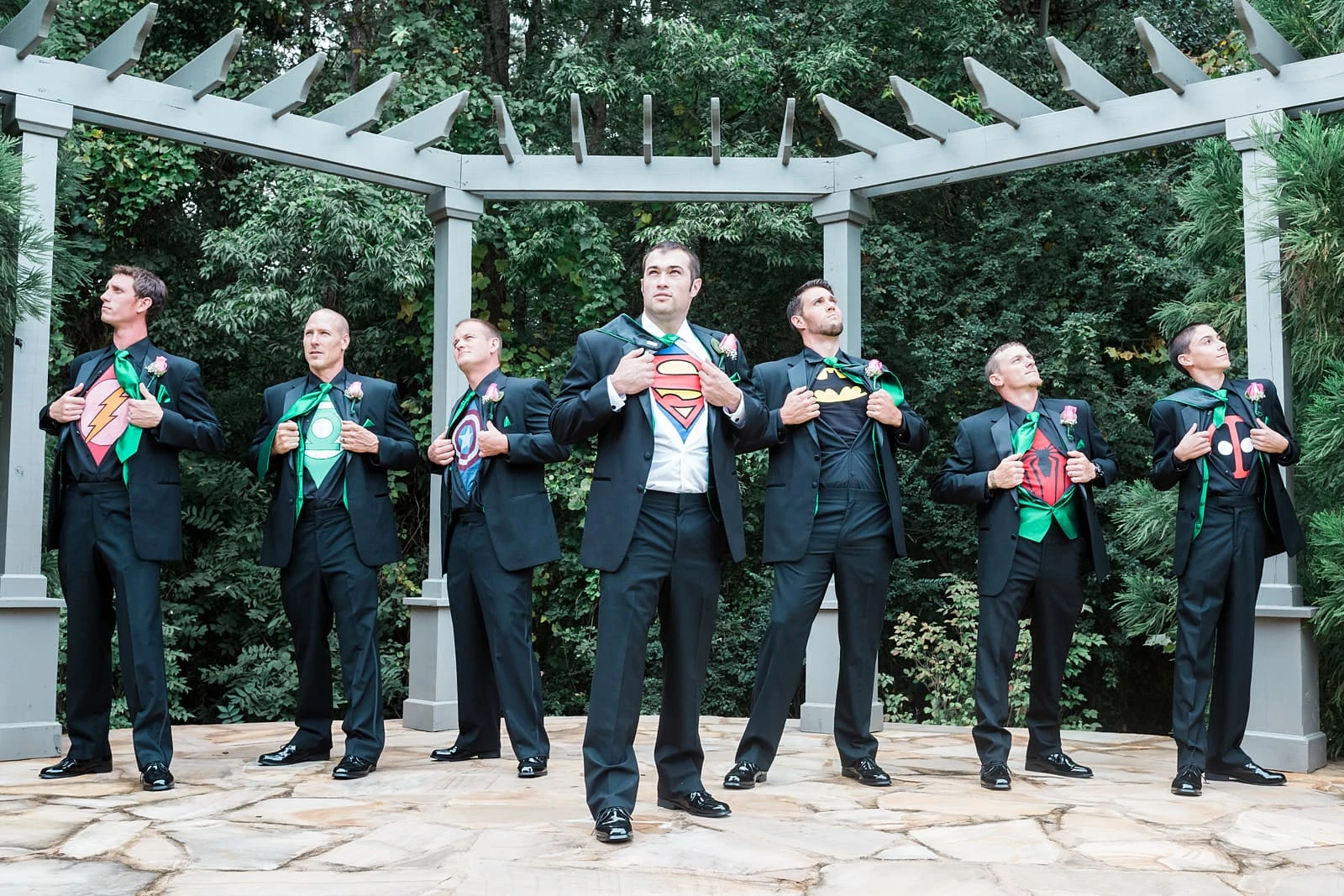 Atlanta wedding groomsmen show off superhero shirts