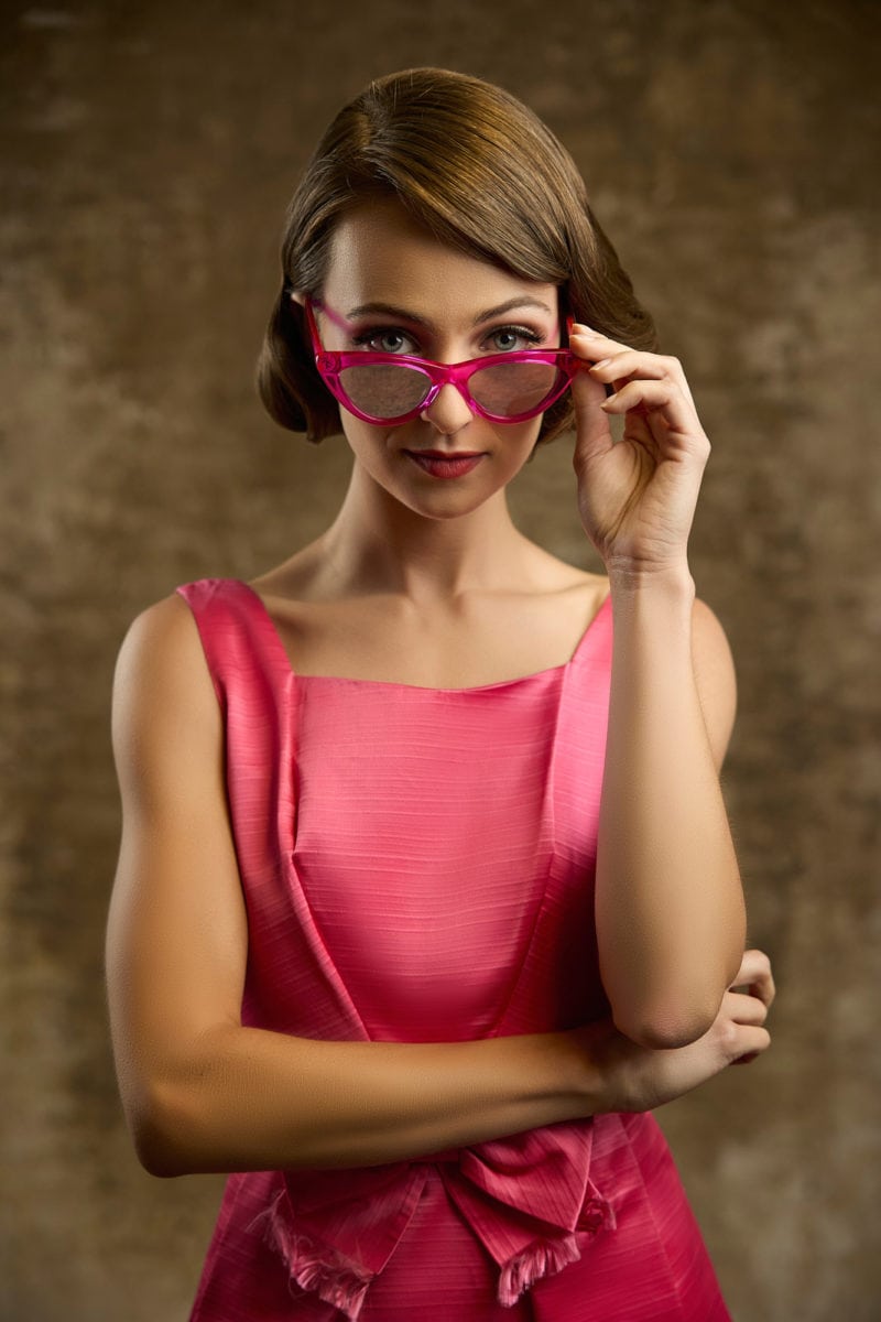 1950s pink dress and sunglasses portrait Atlanta photographer Mike Glatzer