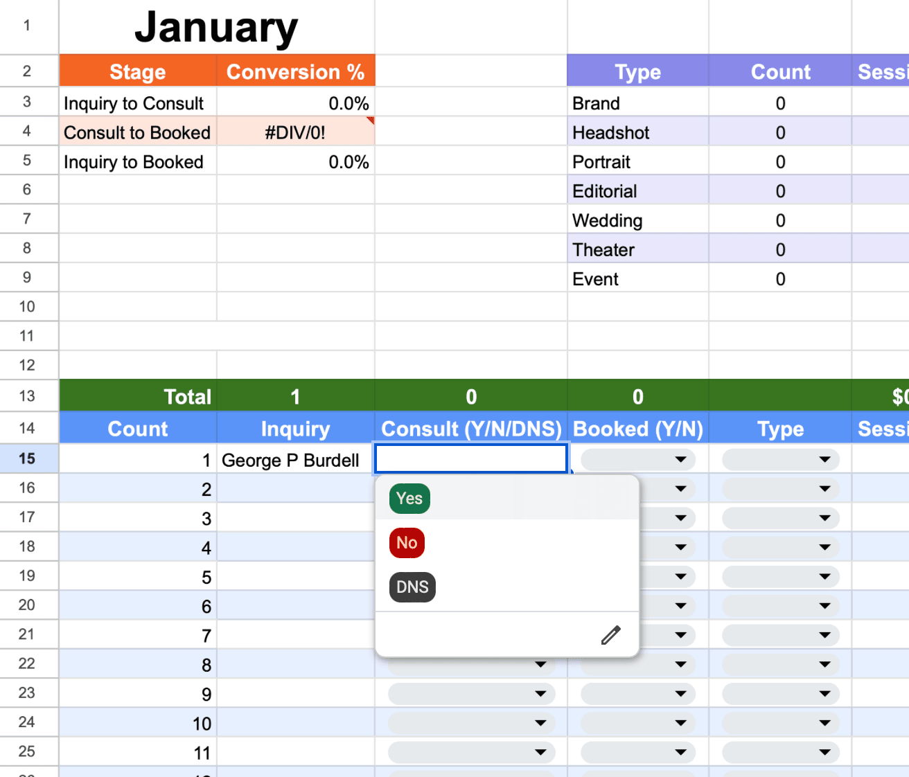 Monthly tracking sheet consult