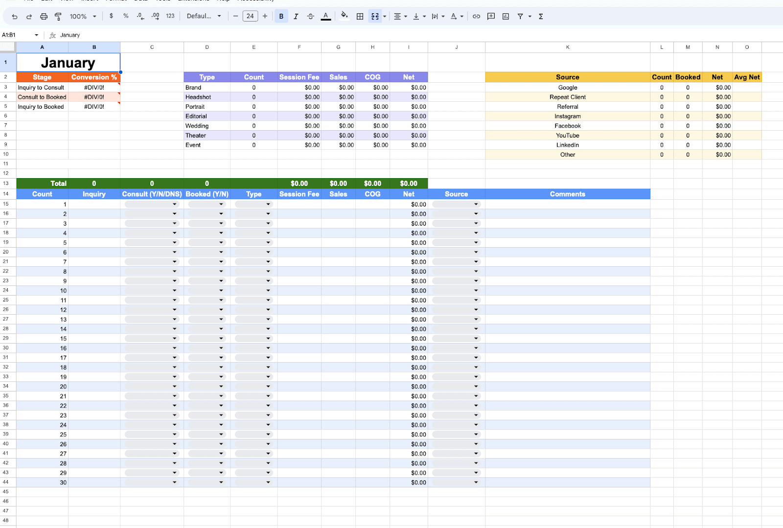Monthly tracking sheet blank january tab