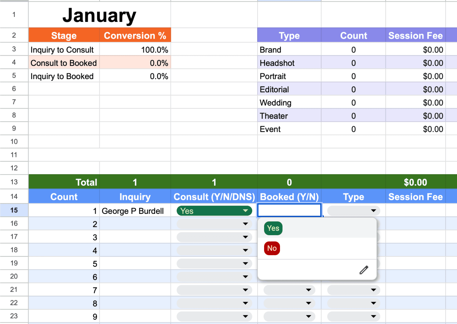 Monthly tracking sheet booked