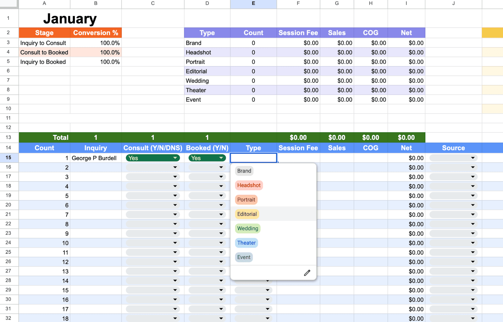 Monthly tracking sheet type